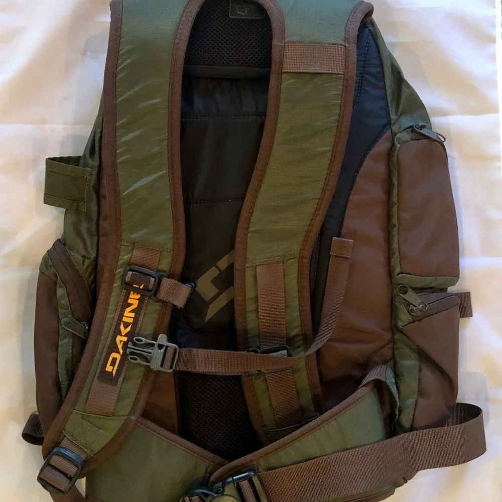 Dakine Olive Green and Brown Backpack with Yellow Logo